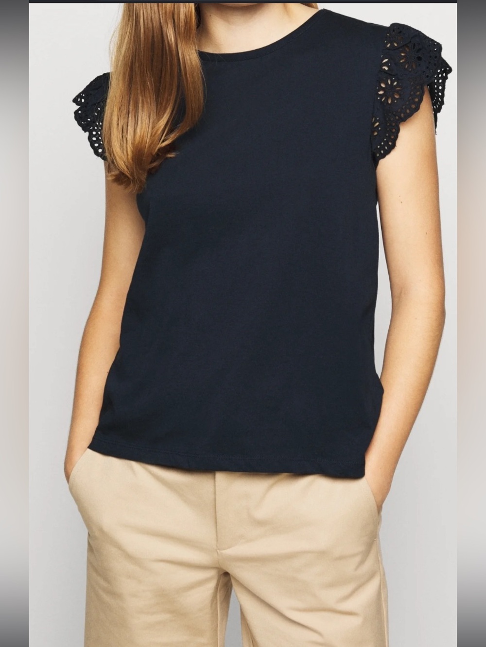 Ralph Lauren Navy Eyelet Flutter Sleeve Tank